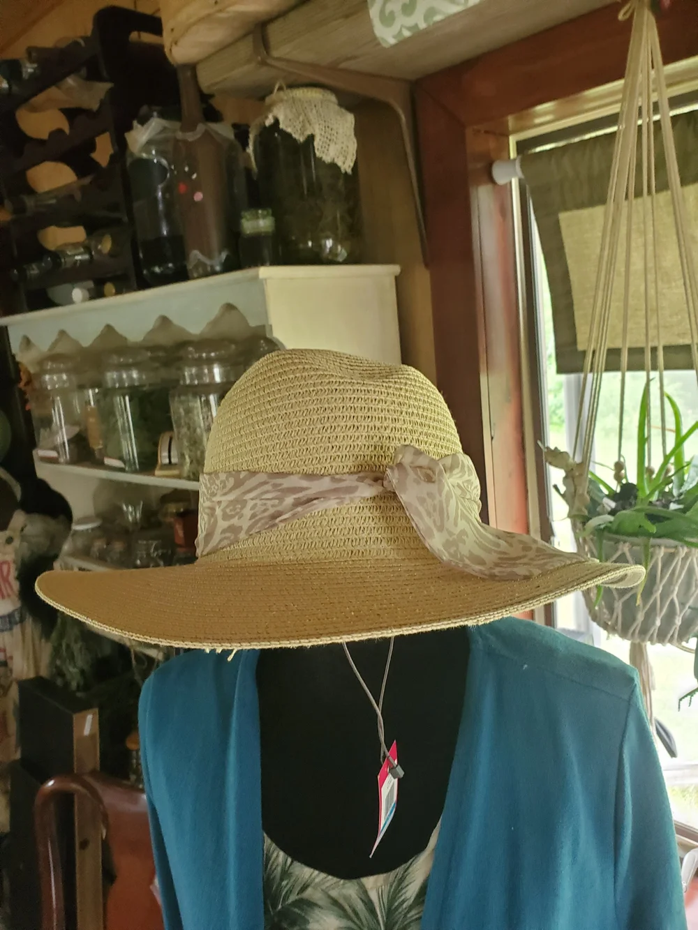 Vince Camuto Beige Straw Fedora with Leopard Print Band